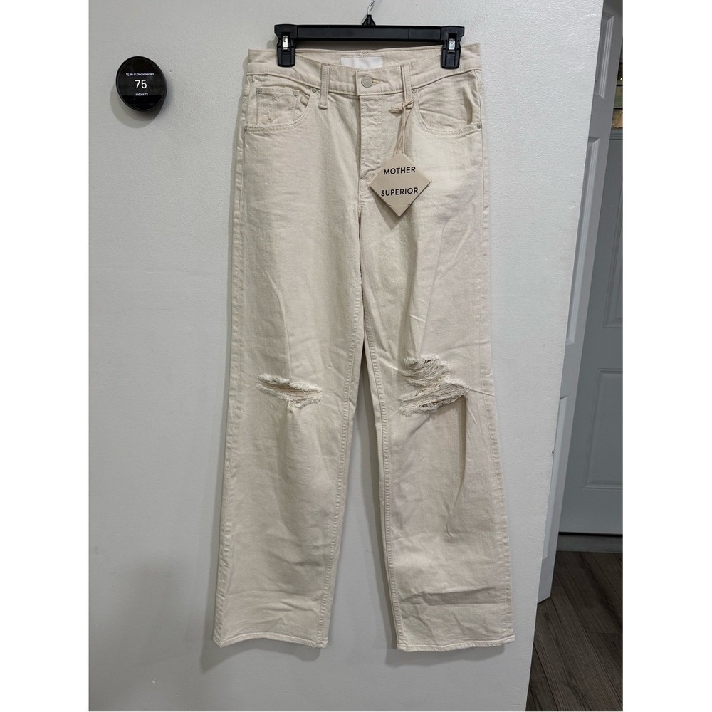 NWT MOTHER The Down Low Spinner Heel Ripped Low Rise Wide Leg Jeans Natural Acts